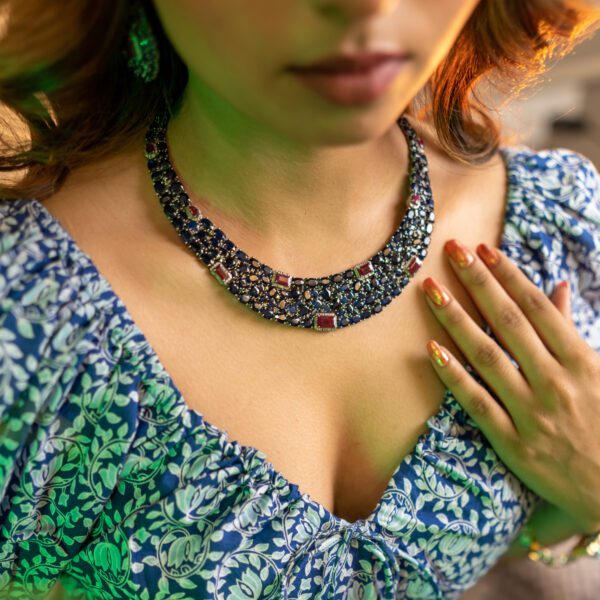 Natural faceted Blue Sapphire Diamond Necklace