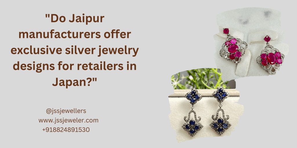 Two pairs of silver earrings are shown. One pair has red gemstones, and the other has blue gemstones. Both pairs have intricate designs with small diamonds. The background is a light brown color.