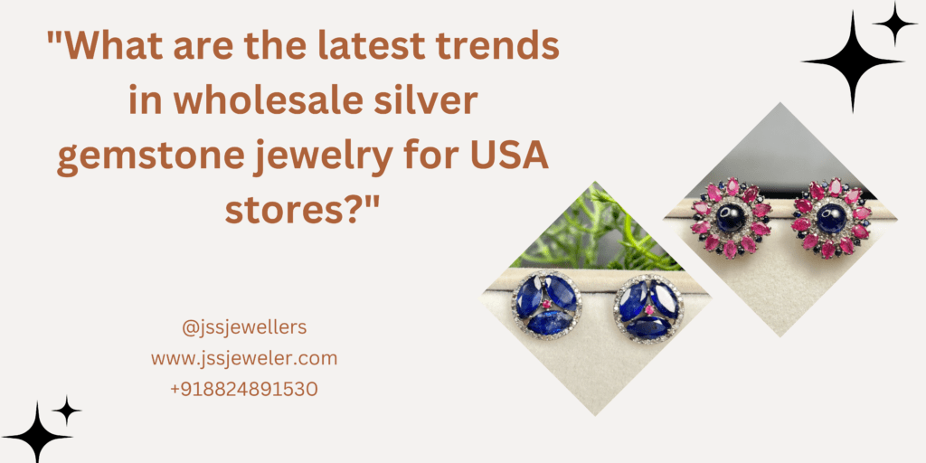 Two different pairs of silver earrings are shown. Each pair has a unique design with different gemstones. The background is a light brown color.