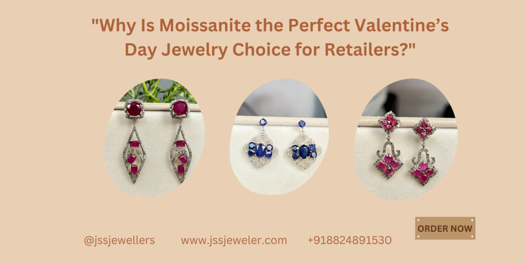 Three different pairs of earrings are shown. Each pair has a unique design with different gemstones, likely including moissanite. The background is a light brown color.