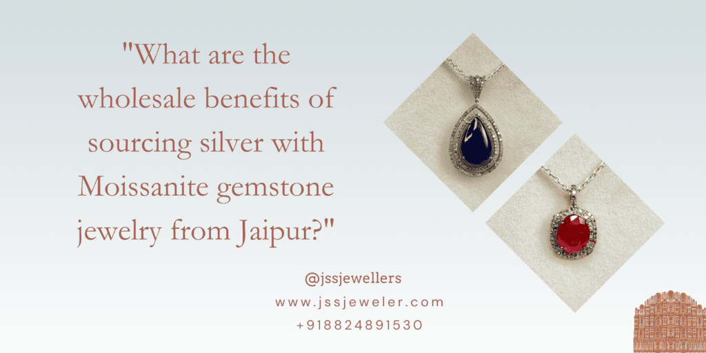 Two different silver pendants are shown. One has a teardrop-shaped pendant with a blue gemstone, while the other has a round pendant with a red gemstone. Both pendants are adorned with smaller gemstones, likely moissanites.