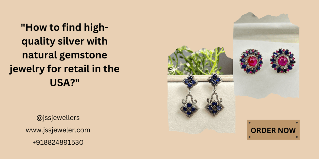 Two different pairs of silver earrings are shown. Each pair has a unique design with different gemstones.