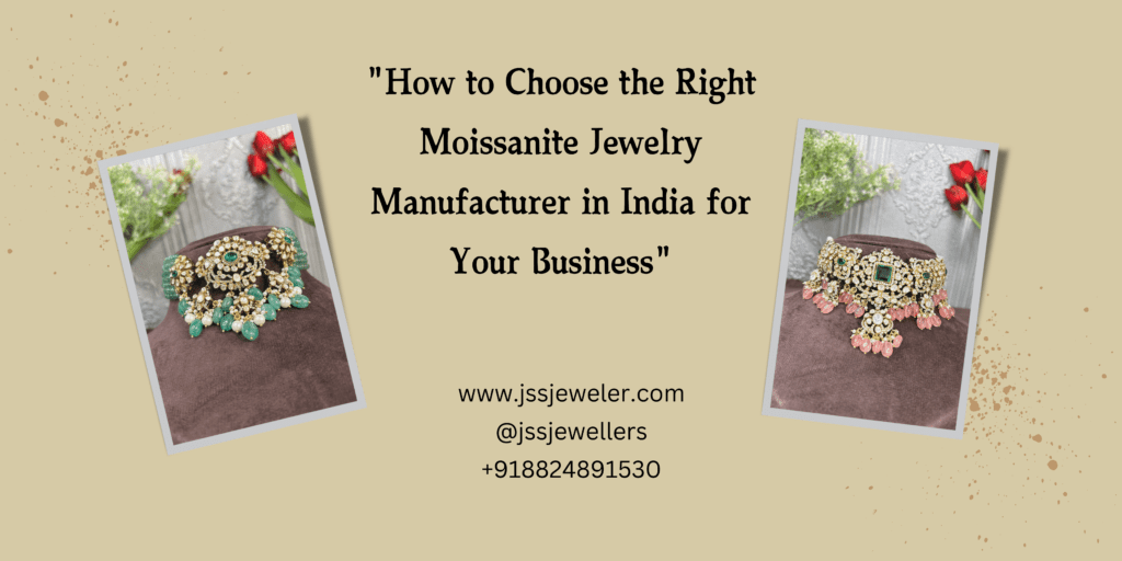 The image is an advertisement for a moissanite jewelry manufacturer in India. It features two beautiful necklaces, one with green stones and one with pink stones, both showcasing the intricate details of the jewelry. Moissanite Jewelry India