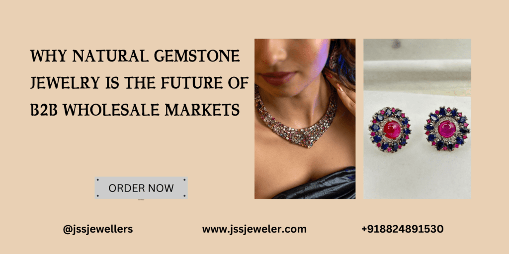 A graphic showing a woman's arm wearing a ruby bracelet and a pair of ruby dangle earrings, with the text "How to Choose the Best Natural Gemstones for Your Jewelry Line" above. natural gemstone jewelry