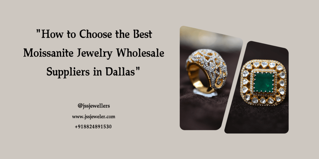 The image features two beautiful moissanite rings, one with white stones and the other with green stones. Both rings are adorned with intricate designs and sparkling moissanite accents. The background of the image is grey, with the store's social media handle, website address, and phone number displayed in the center.