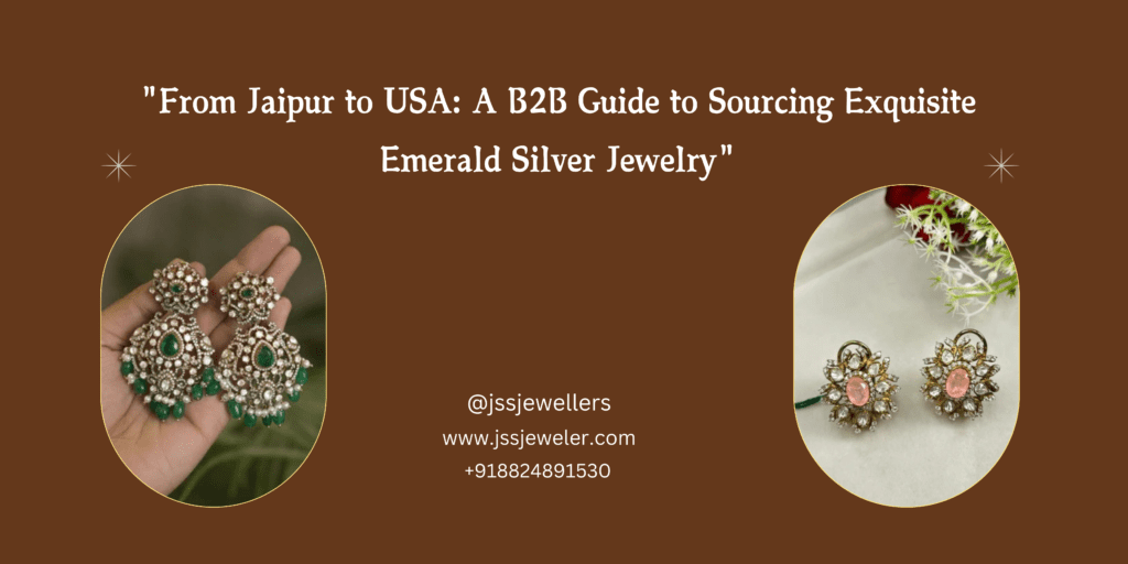 A pair of silver drop earrings with emerald gemstones. A pair of silver stud earrings with pink gemstones. Both earrings are made with intricate silverwork.