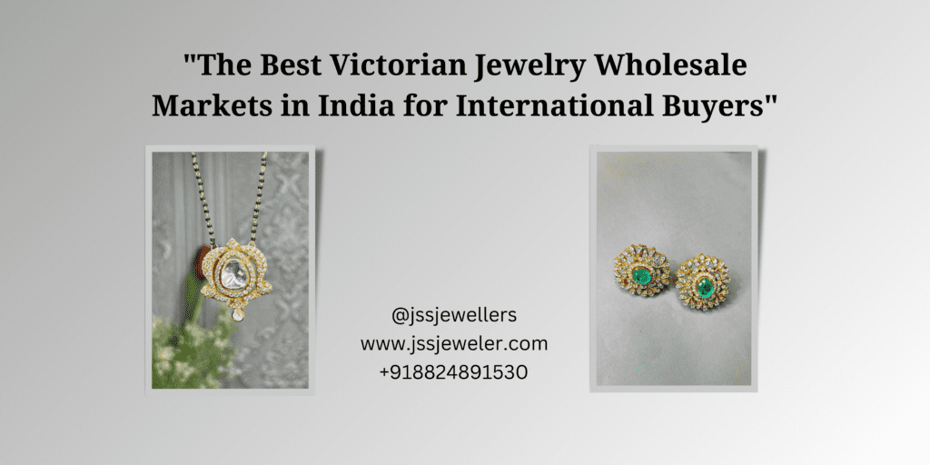 Image shows a Victorian-style pendant necklace with a large, ornate centerpiece and a pair of emerald and diamond earrings.
