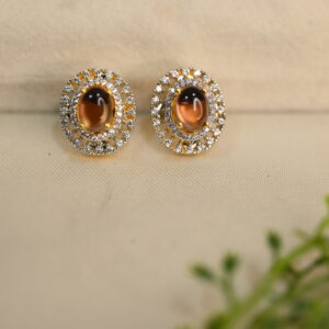 The image shows a pair of gold-toned stud earrings with a large oval-shaped gemstone in the center. The gemstone appears to be a dark brown or amber color. Surrounding the gemstone is a halo of smaller, clear stones, possibly cubic zirconia. The earrings are resting on a white or cream-colored surface, possibly a velvet or fabric-lined box. There is a small sprig of greenery in the bottom right corner of the image. Diamond Earring