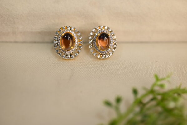 The image shows a pair of gold-toned stud earrings with a large oval-shaped gemstone in the center. The gemstone appears to be a dark brown or amber color. Surrounding the gemstone is a halo of smaller, clear stones, possibly cubic zirconia. The earrings are resting on a white or cream-colored surface, possibly a velvet or fabric-lined box. There is a small sprig of greenery in the bottom right corner of the image. Diamond Earring