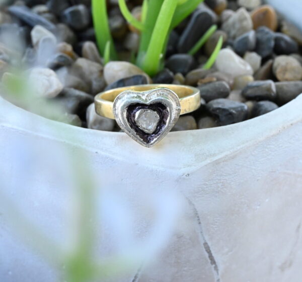 The image shows a close-up of a silver ring with a heart-shaped design. The heart is made of three layers, with the innermost layer holding a small diamond. The ring is resting on top of some small pebbles and a green plant. "Diamond Heart Ring"