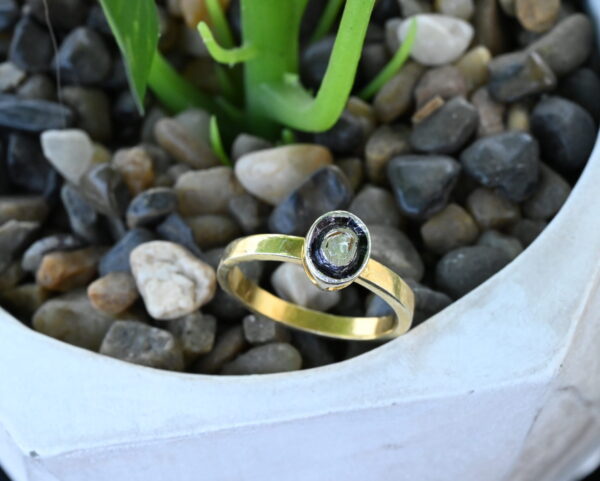 The image shows a close-up of a ring resting on a bed of small pebbles. The ring has a simple gold band and a circular setting that holds a single, raw diamond. The diamond is a light grey color with visible inclusions, giving it a unique and natural look. The background is blurred, with a hint of green foliage visible in the top left corner.