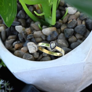 The image shows a close-up of a delicate ring resting on a bed of small, smooth stones. The ring features a single pear-shaped diamond set in a simple band. The band appears to be made of gold. The stones beneath the ring are a mix of light and dark colors, creating a natural and earthy backdrop. The background is blurred, drawing attention to the ring as the focal point of the image.