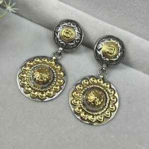 The image shows a pair of delicate earrings. The earrings are made with a combination of materials, featuring: