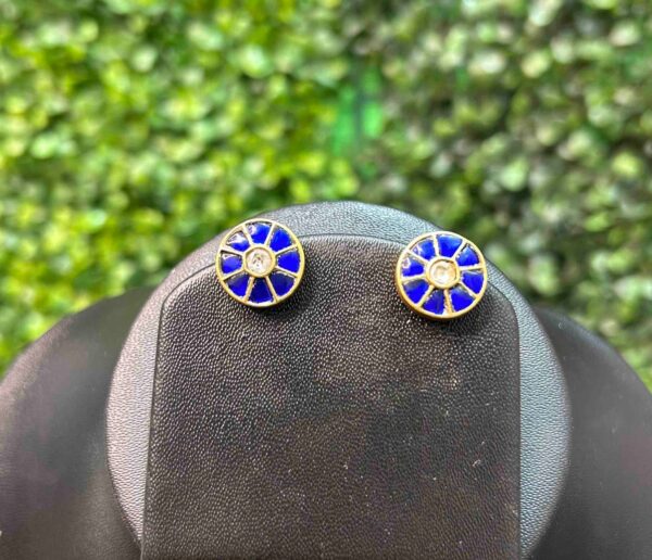 The image shows a pair of small, circular stud earrings. Circular stud earrings with blue and white stones." "Small, round earrings with a blue and white design."
