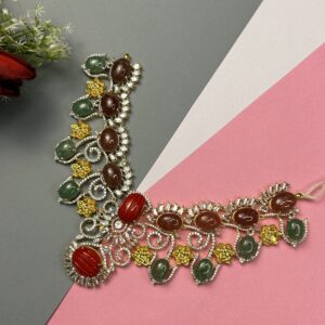 The image showcases a necklace with a bold and elegant design. It features a mix of colors and textures, making it a striking piece of jewelry. "Multi-Color Moissanite Necklace"