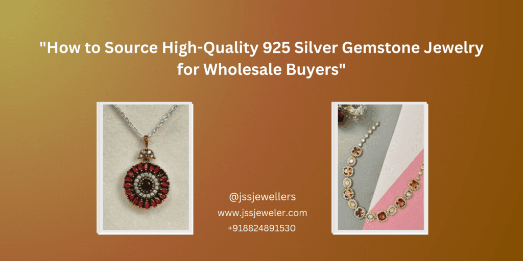 Two Images of Jewelry: The banner features two inset images showcasing examples of the type of jewelry being discussed. Left Image: A close-up shot of a round pendant or earring with intricate filigree work, set with small red stones and a central green stone. Right Image: A strand of gold-toned jewelry featuring larger, oval-shaped orange stones interspersed with smaller, textured gold beads. wholesale silver gemstone jewelry