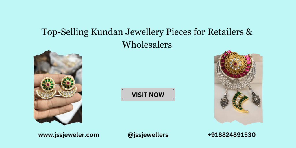 This image advertises JSS Jewellers, promoting their top-selling Kundan jewellery pieces for retailers and wholesalers. Here's a breakdown of the image: Split Layout: The image is divided into two distinct sections, each showcasing a different Kundan jewellery piece. This creates a balanced composition and highlights two diverse styles. Soft Pastel Background: The light blue background provides a calm and elegant backdrop, allowing the vibrant colours of the Kundan jewellery to stand out. Central Text: The headline "Top-Selling Kundan Jewellery Pieces for Retailers & Wholesalers" is prominently displayed in the center, immediately conveying the purpose of the image.