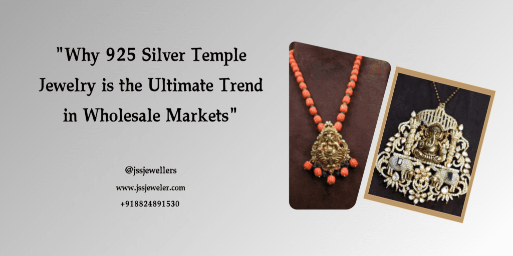 This image showcases a modern layout with a title about Jaipur's moissanite jewelry redefining luxury for B2B buyers. It features a moissanite emerald choker and matching earrings, with contact information for JSS Jewellers.
