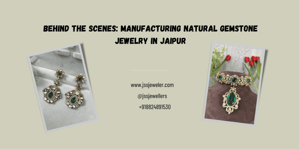 Two images of jewelry pieces are placed on either side of the banner at a slight tilt. The left image showcases a pair of earrings with green gemstone teardrops, surrounded by diamonds and intricate goldwork, displayed on a soft grey background. The right image features an ornate gold choker necklace with multiple green gemstones, including a large teardrop pendant, displayed on a velvet stand with red flowers and greenery in the background.