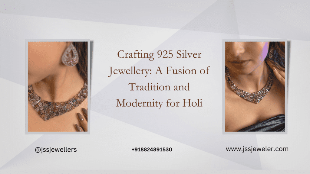 This image is a close-up, indoor shot of a person's hands crafting 925 silver jewelry. The hands are the central focus, positioned in the lower half of the frame, and are actively engaged in the intricate process of creating a silver ring. The hands are adorned with multiple rings, suggesting a personal connection to the craft. The background is intentionally blurred, directing the viewer's attention to the hands and the delicate silverwork.