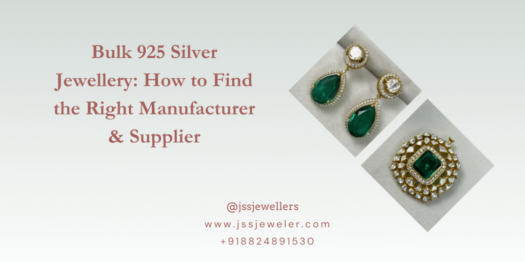 Background: Light gradient background (grey to white), giving it a clean and elegant appearance. Main Text: Centered in a classic serif font and a muted maroon-brown color, emphasizing a professional tone. Jewellery Images: On the right side, two separate images showcase 925 silver jewellery pieces: The top image features a pair of green teardrop earrings with a halo of stones. The bottom image is a round, intricately designed brooch or pendant with a large square green center stone surrounded by white stones. Business Info (at bottom center): Instagram handle: @jssjewellers Website: www.jssjeweler.com Bulk 925 Silver