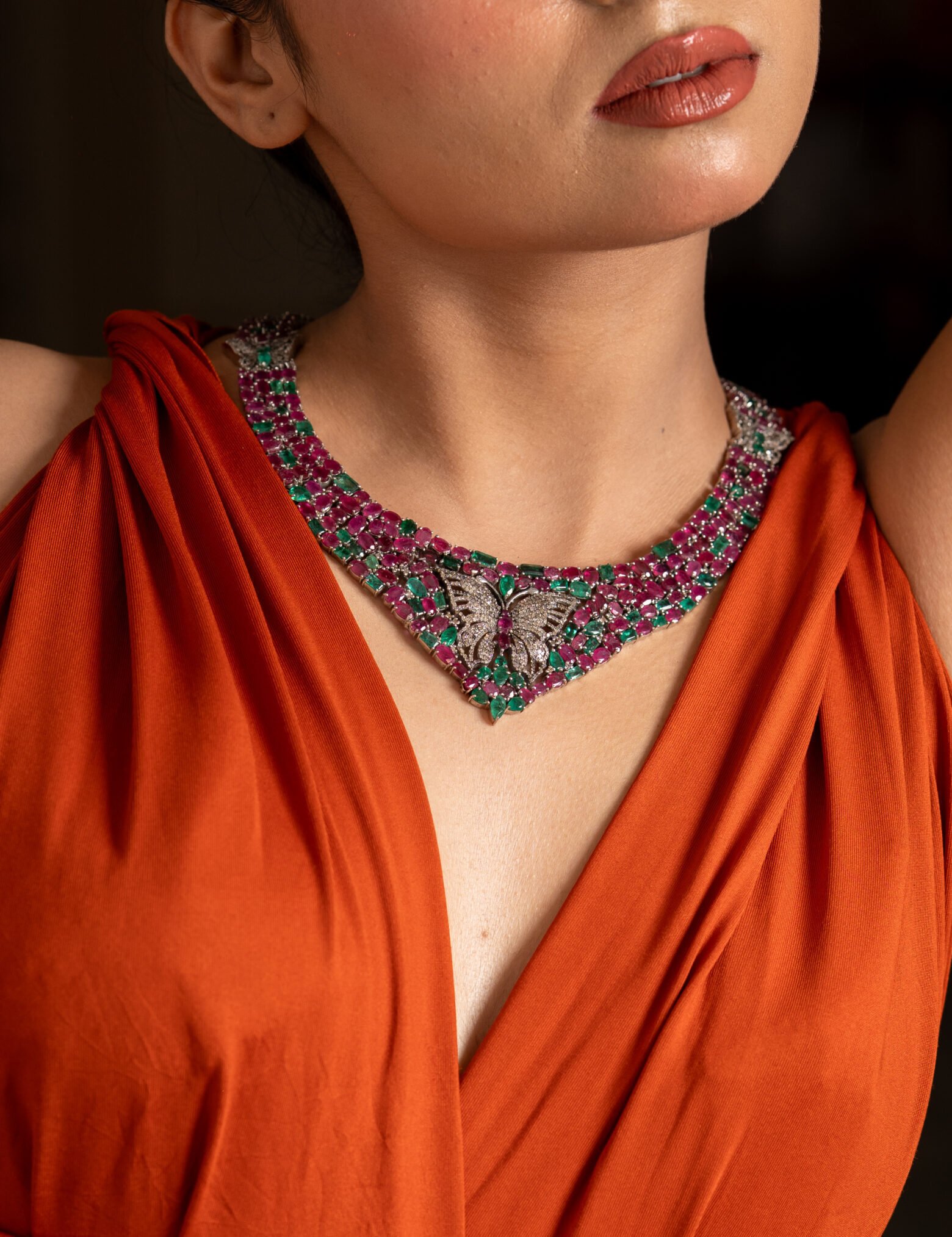 925 Silver Ruby & Emerald Butterfly Diamond Choker