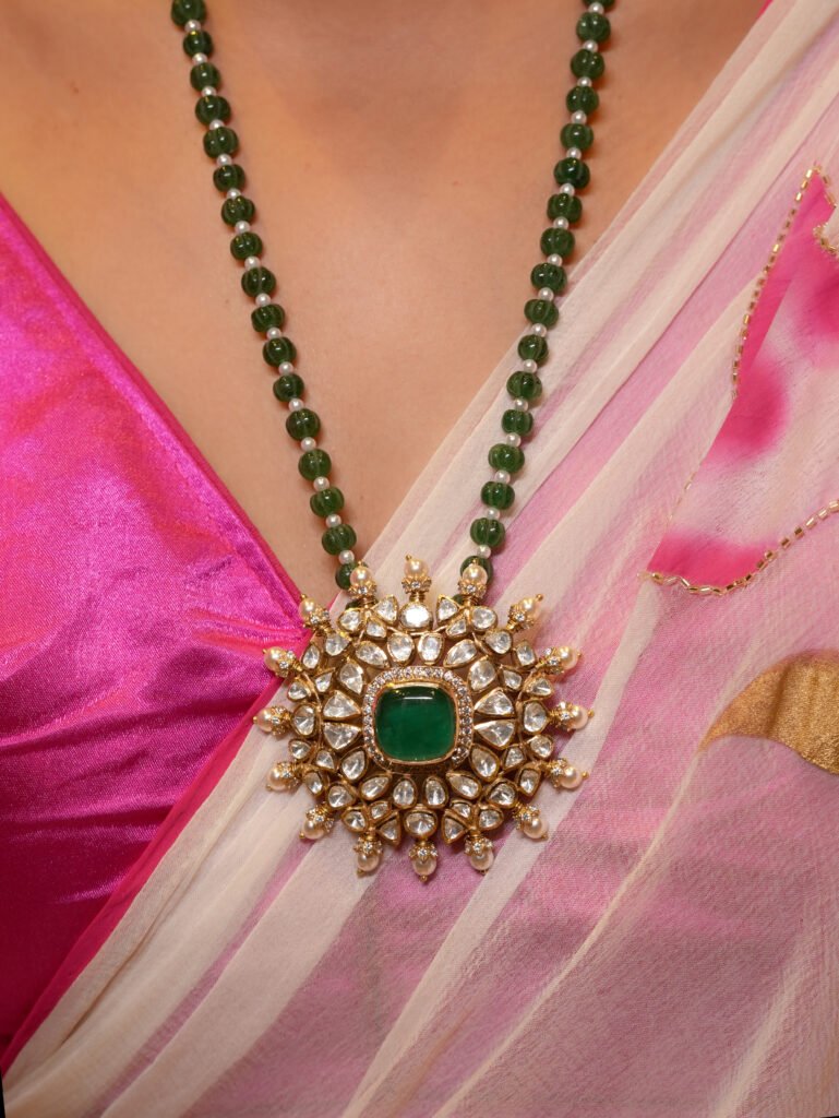 Handcrafted 925 Silver Emerald-Green Bead Statement Necklace