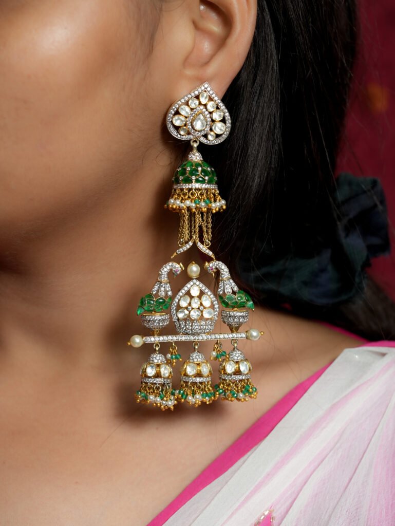 Moissanite Polki Peacock Multi-Jhumka 925 Silver Earrings