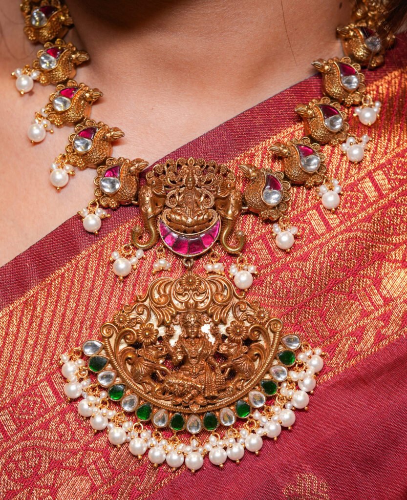 925 Silver Antique Gold Gaja Lakshmi Nakshi Temple Necklace