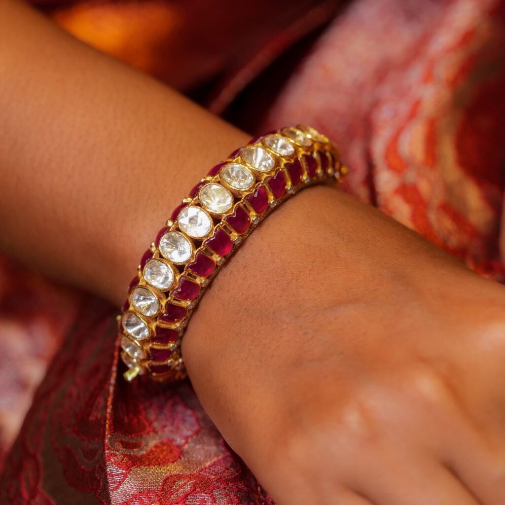 925 Sterling Silver Gold-Plated Moissanite & Ruby Stone Bangle