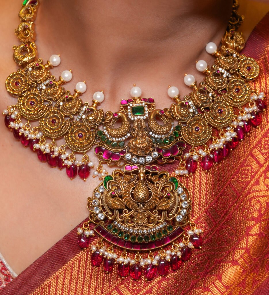 925 Silver Antique Gold Nakshi Lakshmi Peacock Temple Necklace