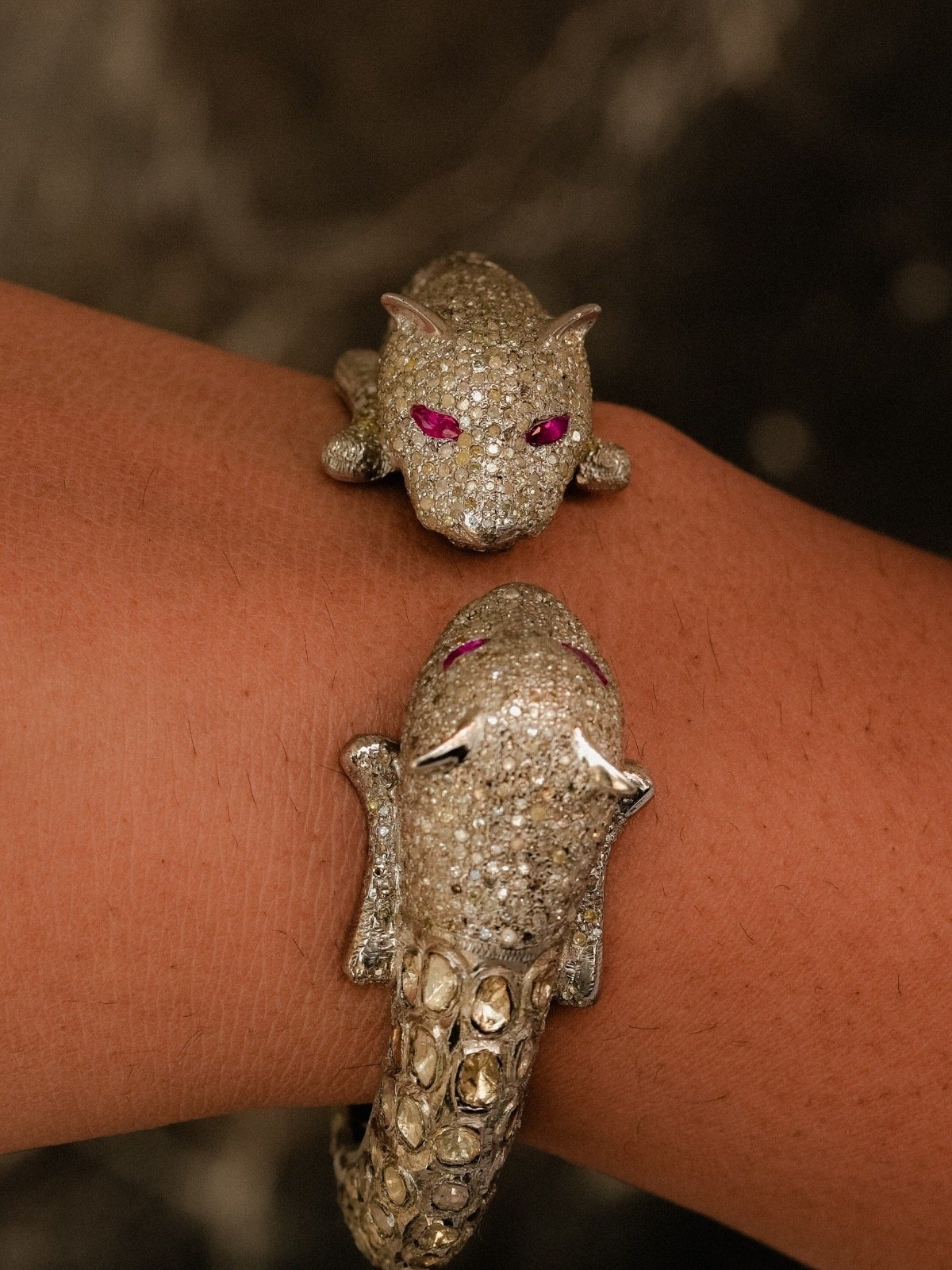 925 Silver Pave Diamond Panther Bangle Ruby Eyes